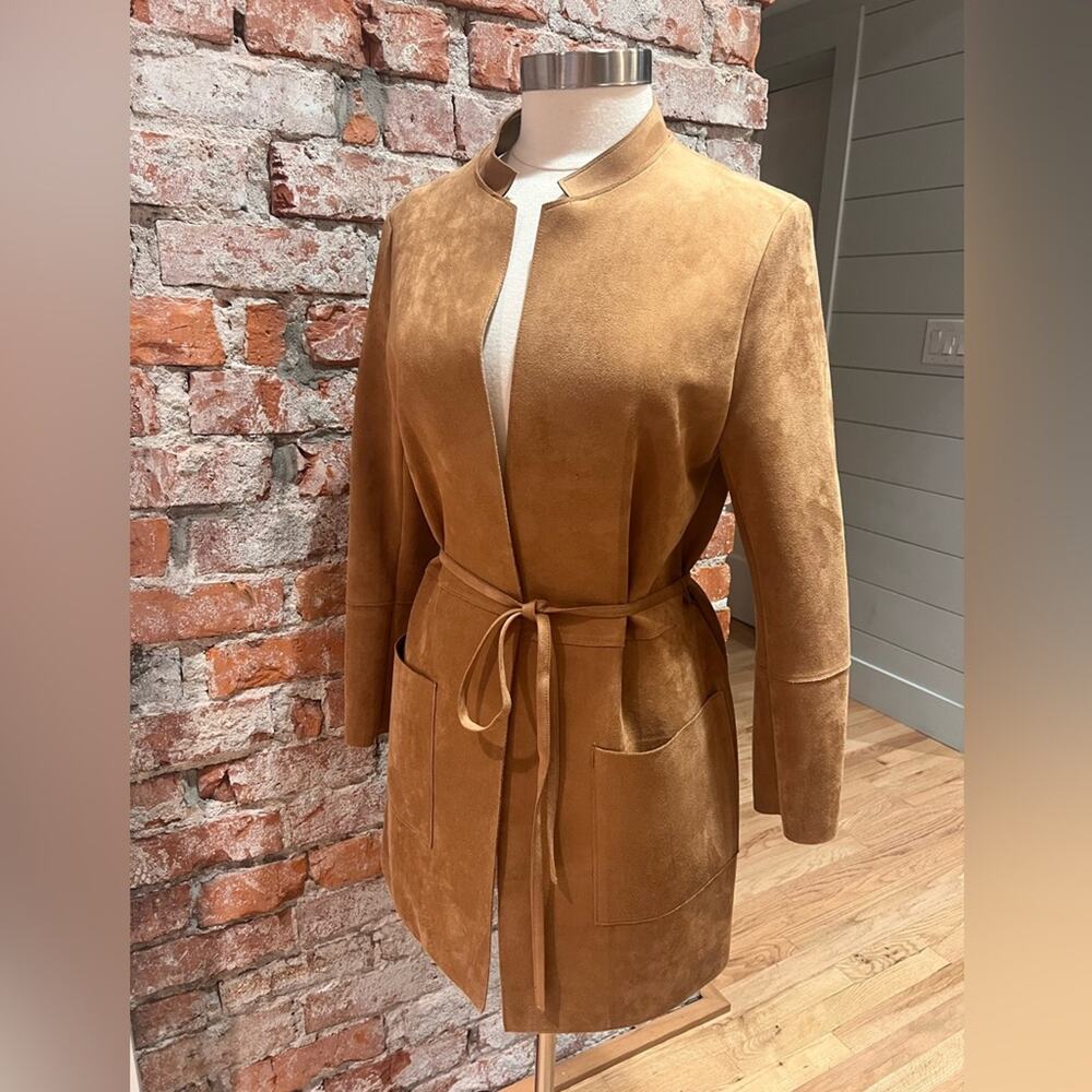 Women’s H & M Faux Light Caramel Colored  Suede Belted Topper Coat with …
